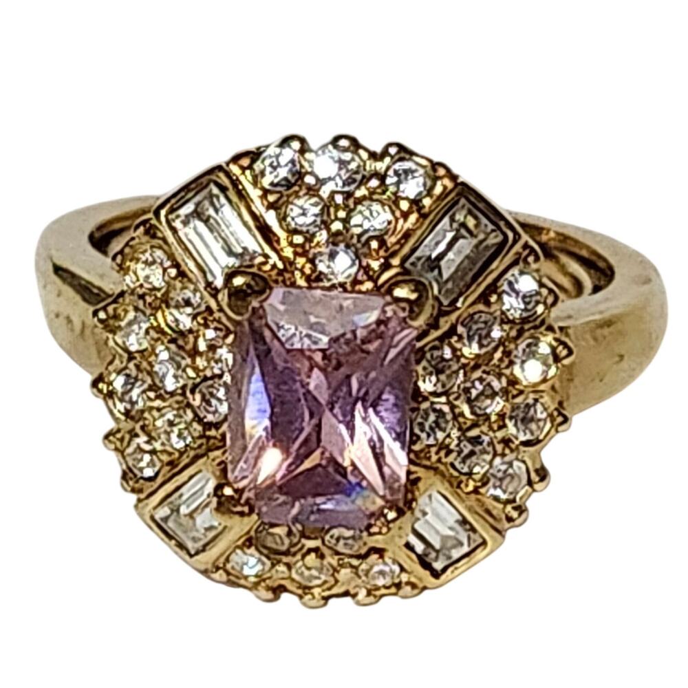 Vtg Gold Plated Petal Pink CZ Cocktail Ring Size 9